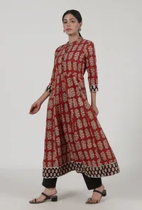 Set Of 2: Ajrakh Printed Red Cotton Anarkali & Black Pant Set image 1