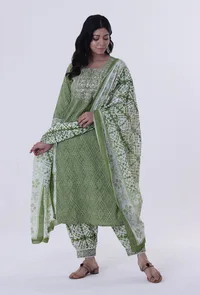Green Color Cotton Block Printed Dupatta image 1
