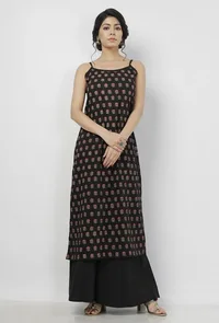 Set of 2: Kaani Black Floral Hand-Block Printed Cotton Slip with Plain Palazzo image 2