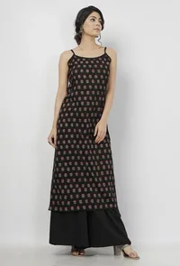Set of 2: Kaani Black Floral Hand-Block Printed Cotton Slip with Plain Palazzo image 3