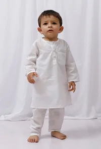 Set of 2: White Striped Cotton Kurta and White Pajama Set image 1