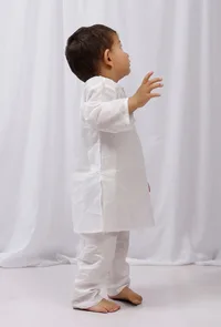 Set of 2: White Striped Cotton Kurta and White Pajama Set image 2