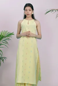 Yellow Dobby Straight Halter Round Neck Cotton Kurta image 1