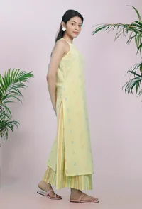 Yellow Dobby Straight Halter Round Neck Cotton Kurta image 3