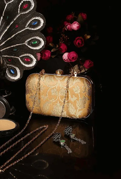 Soft Beige Brocade Box Clutch with Sling (8 X 2 X 4.5)