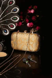 Soft Beige Brocade Box Clutch with Sling (8 X 2 X 4.5) image 1