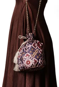 Advika Blue & Multi Silk Patola Print Potli With Tassels image 1
