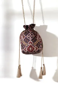 Advika Blue & Multi Silk Patola Print Potli With Tassels image 2