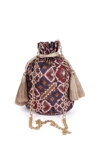 Advika Blue & Multi Silk Patola Print Potli With Tassels image 3