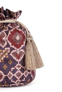Advika Blue & Multi Silk Patola Print Potli With Tassels image 5