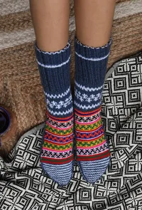 Aegean Blue & Multi Hand Knitted Woolen Winter Socks image 1