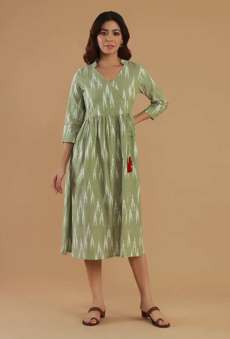 Sage Green Ikat Cotton Wrap Dress