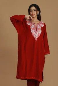 Maroon Phiran with White and Pink Aari Embroidery- Free Size image 1