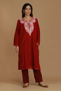 Maroon Phiran with White and Pink Aari Embroidery- Free Size image 2