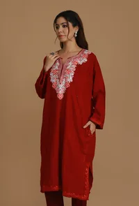 Maroon Phiran with White and Pink Aari Embroidery- Free Size image 3