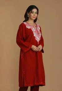 Maroon Phiran with White and Pink Aari Embroidery- Free Size image 4