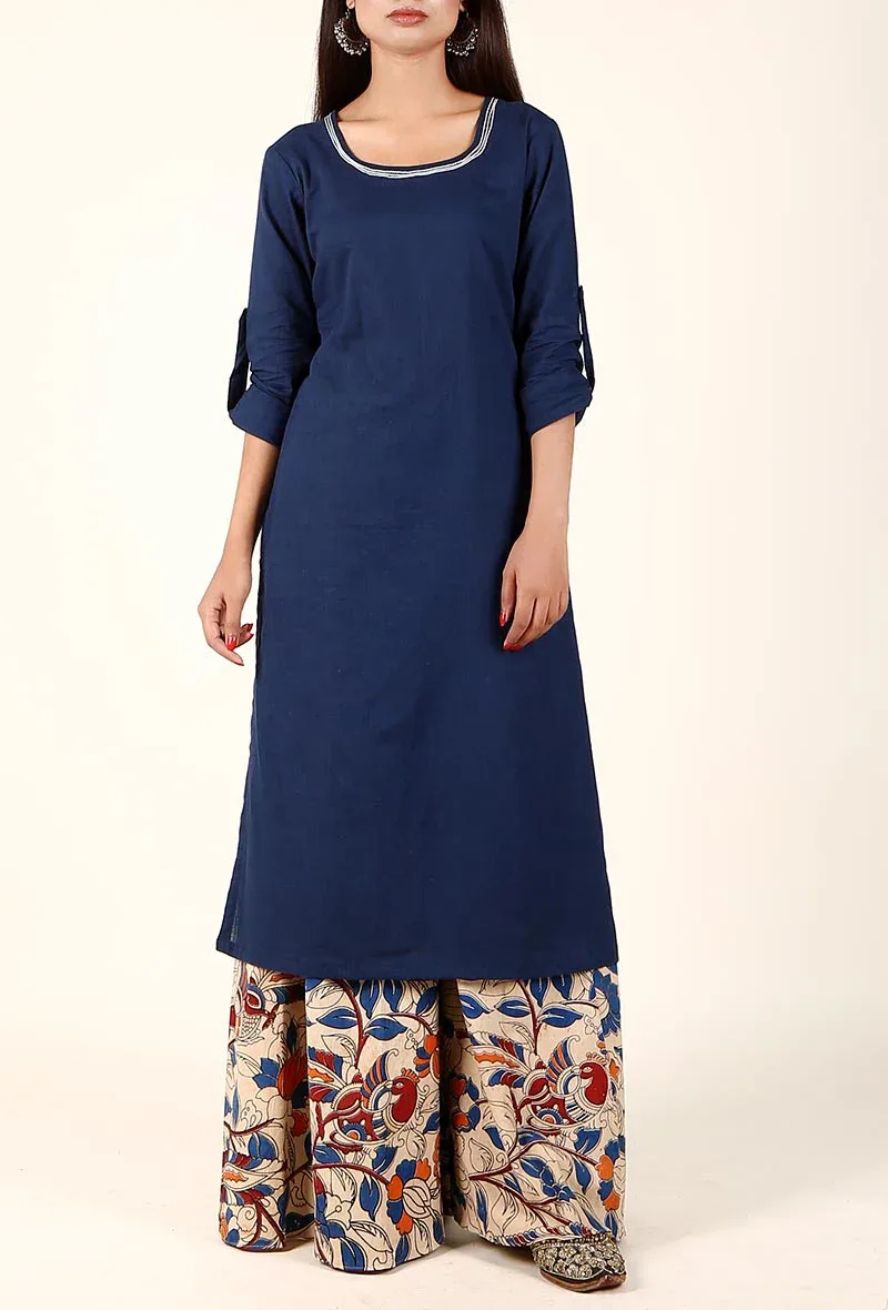 Royal Blue Cotton Kurta And Off-white Kalamkari Palazzo Set