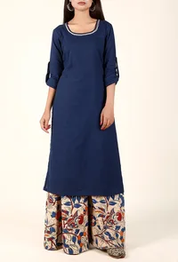 Royal Blue Cotton Kurta And Off-white Kalamkari Palazzo Set image 1