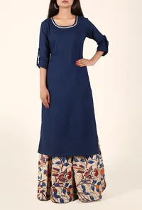 Royal Blue Cotton Kurta And Off-white Kalamkari Palazzo Set image 2