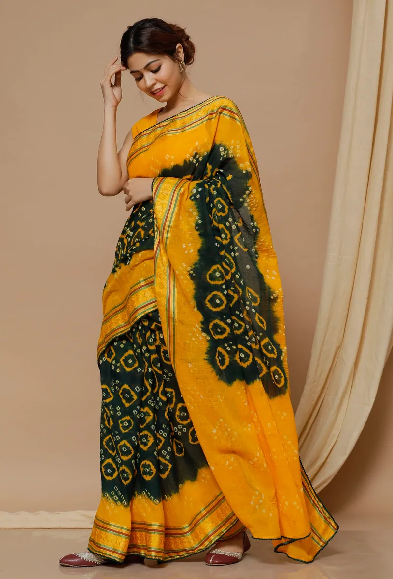 Set Of 2: Mustard-Green Bandhani Printed Saree with Yellow Blouse
