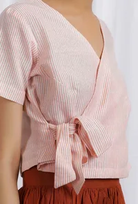 Orange Cotton Striped Short Wrap Around Top image 4