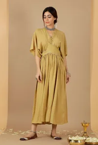Bandhani Gathered & Flared Dress With Attached Belt image 1