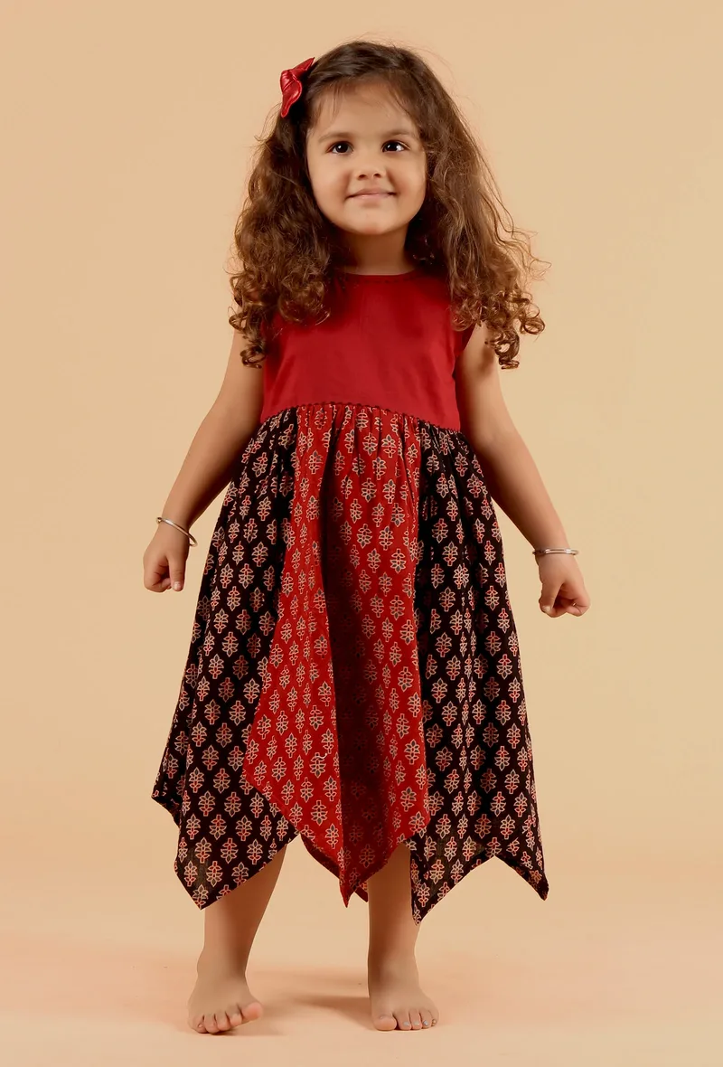 Charvi Black & Madder Red Ajrakh Print Cotton Asymmetrical Dress