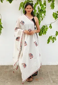 White Cotton Dupatta with Blue and Red Animal Appliqué work image 1