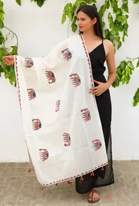 White Cotton Dupatta with Blue and Red Animal Appliqué work image 2