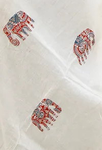 White Cotton Dupatta with Blue and Red Animal Appliqué work image 4