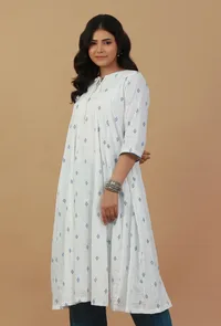 Handblock Printed White & Blue Cotton Kurta image 2