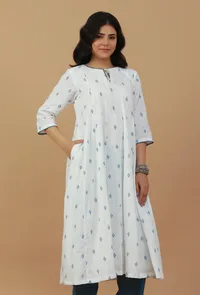 Handblock Printed White & Blue Cotton Kurta image 3