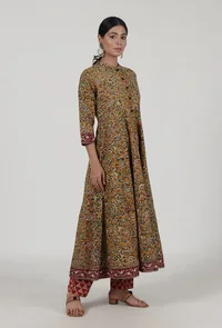 Set Of 2: Ajrakh Printed Yellow Cotton Anarkali & Red Pant Set image 2