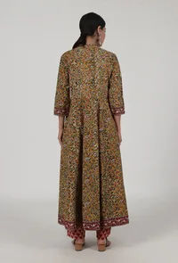 Set Of 2: Ajrakh Printed Yellow Cotton Anarkali & Red Pant Set image 3