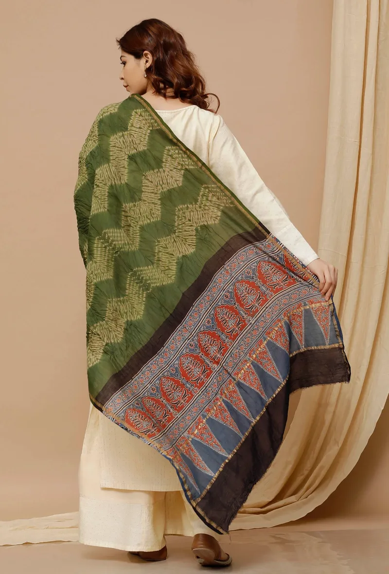 Olive green Shibori-Ajrakh Chanderi Silk Dupatta