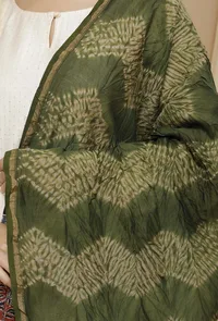 Olive green Shibori-Ajrakh Chanderi Silk Dupatta image 3