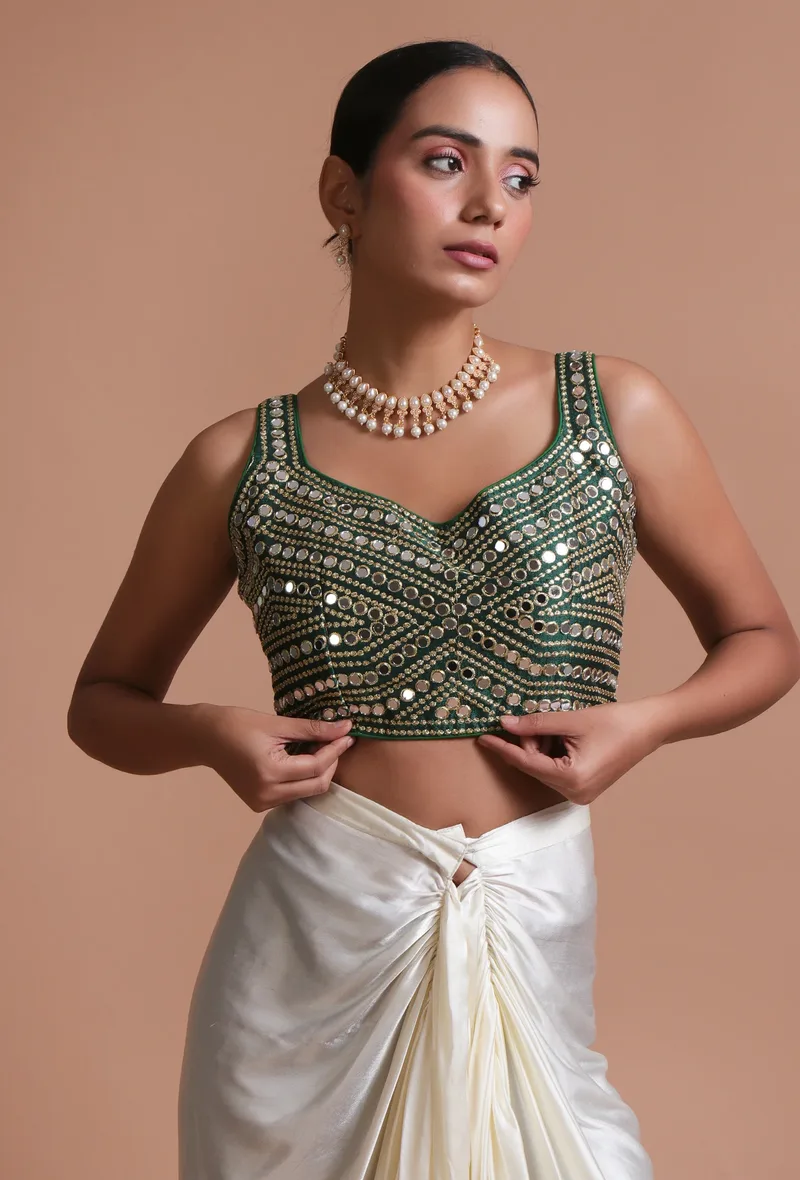 Bottle Green Color Raw Silk Mirror Work Blouse