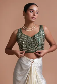 Bottle Green Color Raw Silk Mirror Work Blouse image 1