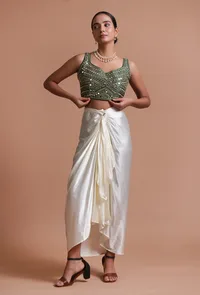 Bottle Green Color Raw Silk Mirror Work Blouse image 2