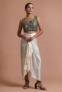 Bottle Green Color Raw Silk Mirror Work Blouse image 3