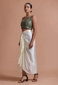 Bottle Green Color Raw Silk Mirror Work Blouse image 4