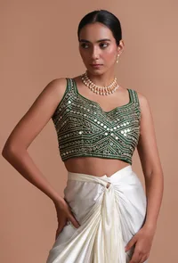 Bottle Green Color Raw Silk Mirror Work Blouse image 5