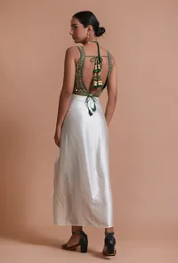 Bottle Green Color Raw Silk Mirror Work Blouse image 6