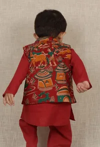 Kairav Maroon Kalamkari Printed Cotton Nehru Jacket image 3