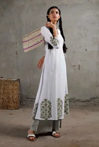 Block Printed White Angrakha Kurta image 1