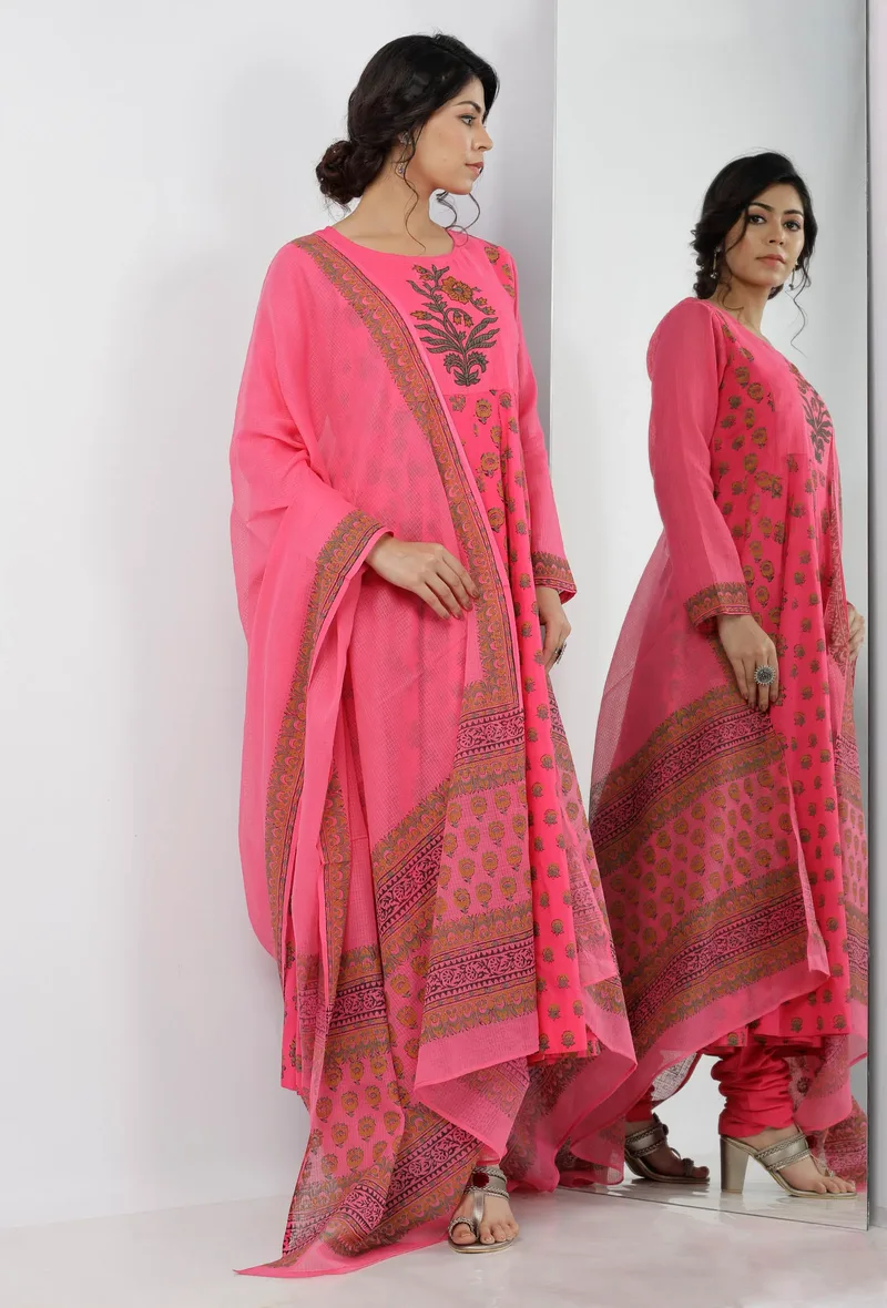 Raisa Pink Floral Hand-Block Printed Kota Dupatta