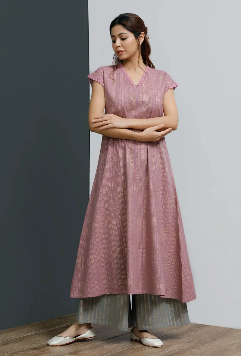 Set of 2: Onion Pink Hand-Block Printed A-line Long Kurta With Grey Hand-Block Palazzo