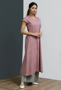 Set of 2: Onion Pink Hand-Block Printed A-line Long Kurta With Grey Hand-Block Palazzo image 3