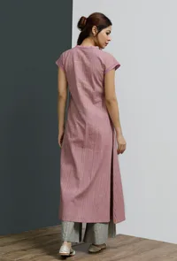 Set of 2: Onion Pink Hand-Block Printed A-line Long Kurta With Grey Hand-Block Palazzo image 4