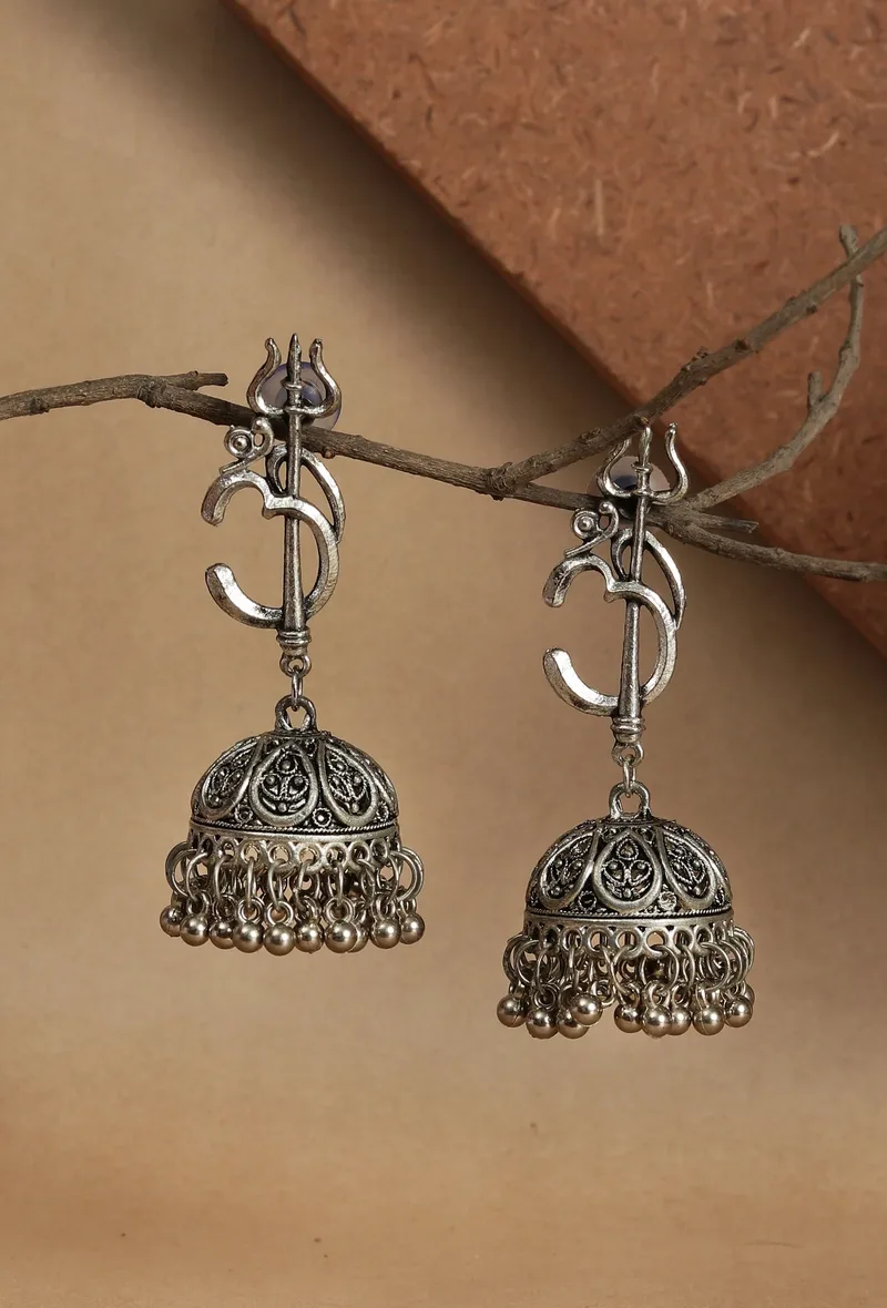 Spiritual Om Trishul German Silver Jhumka